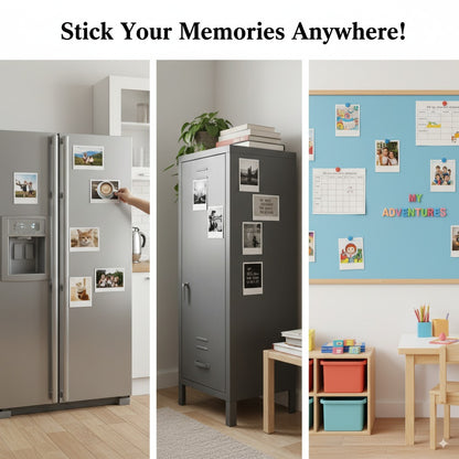 Collage of a refrigerator with polaroid photos, a cabinet with photos, and a wall with a calendar and polaroid photos.