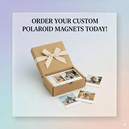 Box of custom Polaroid magnets with photos on a light gradient background