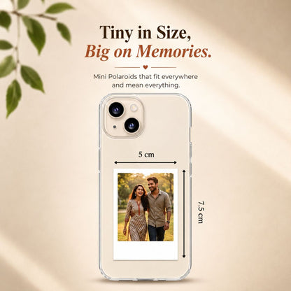 Phone case with a small polaroid styled photo of a couple with  dimensions of the photo mentioned for comparison