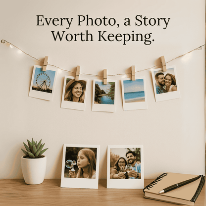 Decorative display of polaroid photos on a string with text 'Every Photo, a Story Worth Keeping.'