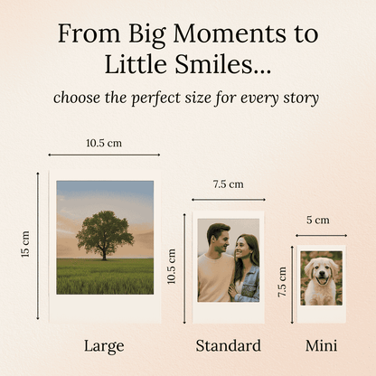 Sizes of polaroid photo prints labeled 'Large', 'Standard', and 'Mini' with corresponding dimensions and examples on a beige background.