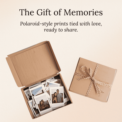 Polaroid-style photo prints in an open box with a wrapped gift on a beige background, text 'The Gift of Memories'.