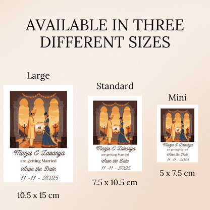 Three size options for a wedding invitation design magnets with a couple and text 