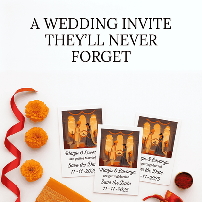 Wedding invitation photo magnets with a red ribbon and marigold flowers on a white background