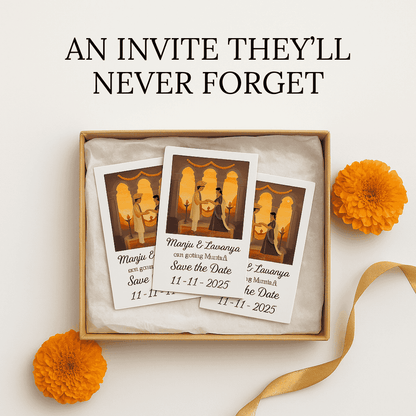 Wedding invitation photo magnets in a box with orange flowers and ribbon on a light background