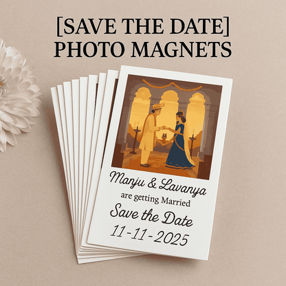 Stack of 'Save the Date' photo magnets with a couple getting married on a beige background.