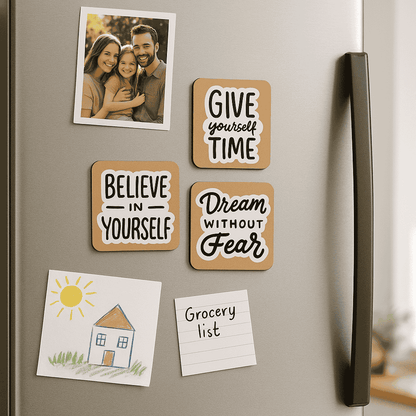 Fridge with self love magnets and a photo of a family