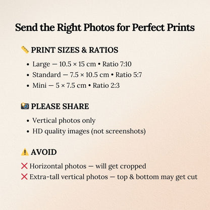 Instructions for sending the right photos for perfect prints with print sizes, ratios, and guidelines.