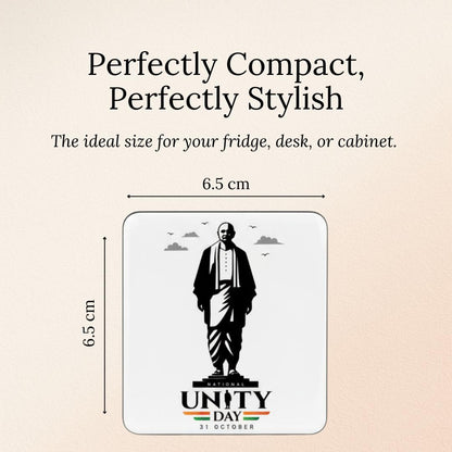Statue of unity fridge magnet with dimensions and 'Unity Day' text on a beige background