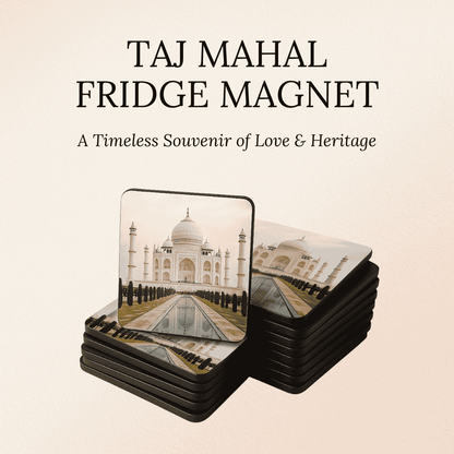 Stack of Taj Mahal fridge magnets on a beige background with text.