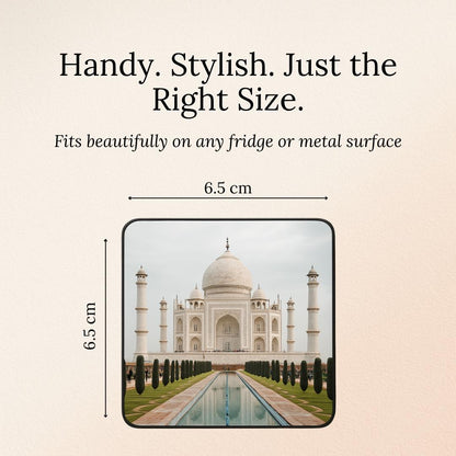 Measurement chart showing the dimensions of a fridge magnet product with an image of the Taj Mahal.