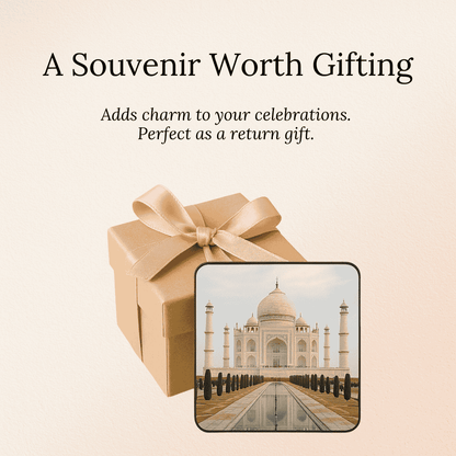 Fridge magnet with photo of the Taj Mahal on a beige background