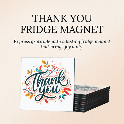 Stack of 'Thank you' fridge magnets with colorful design on a beige background