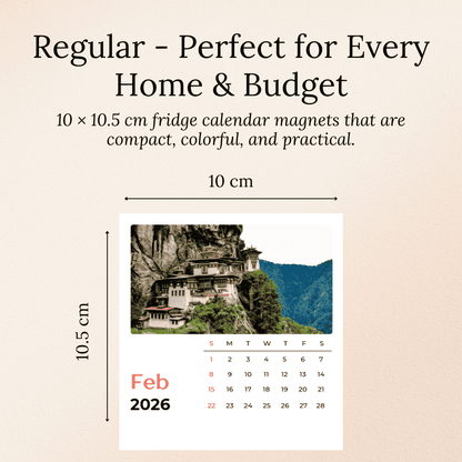 Fridge calendar magnet with a scenic image and calendar for February 2026, on a beige background.