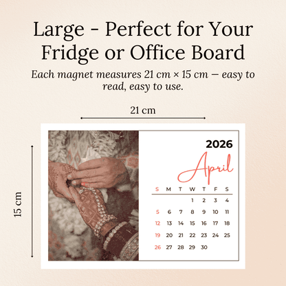 Calendar magnet for refrigerator with dimensions and text on a beige background