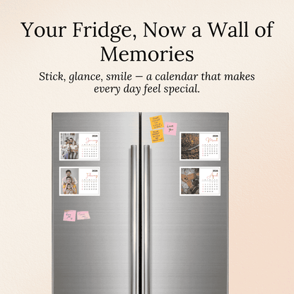Fridge with calendar magnets on a beige background