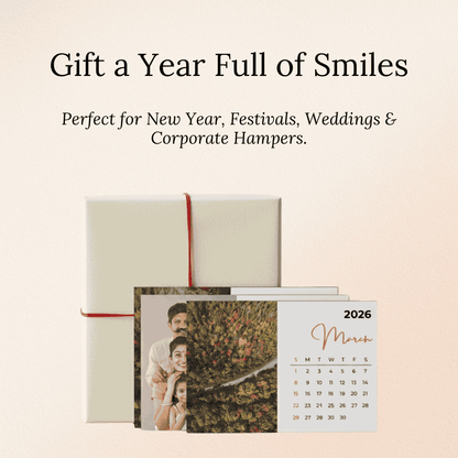Fridge magnet Calendar set with a photo of a couple and text 'Gift a Year Full of Smiles' on a beige background.